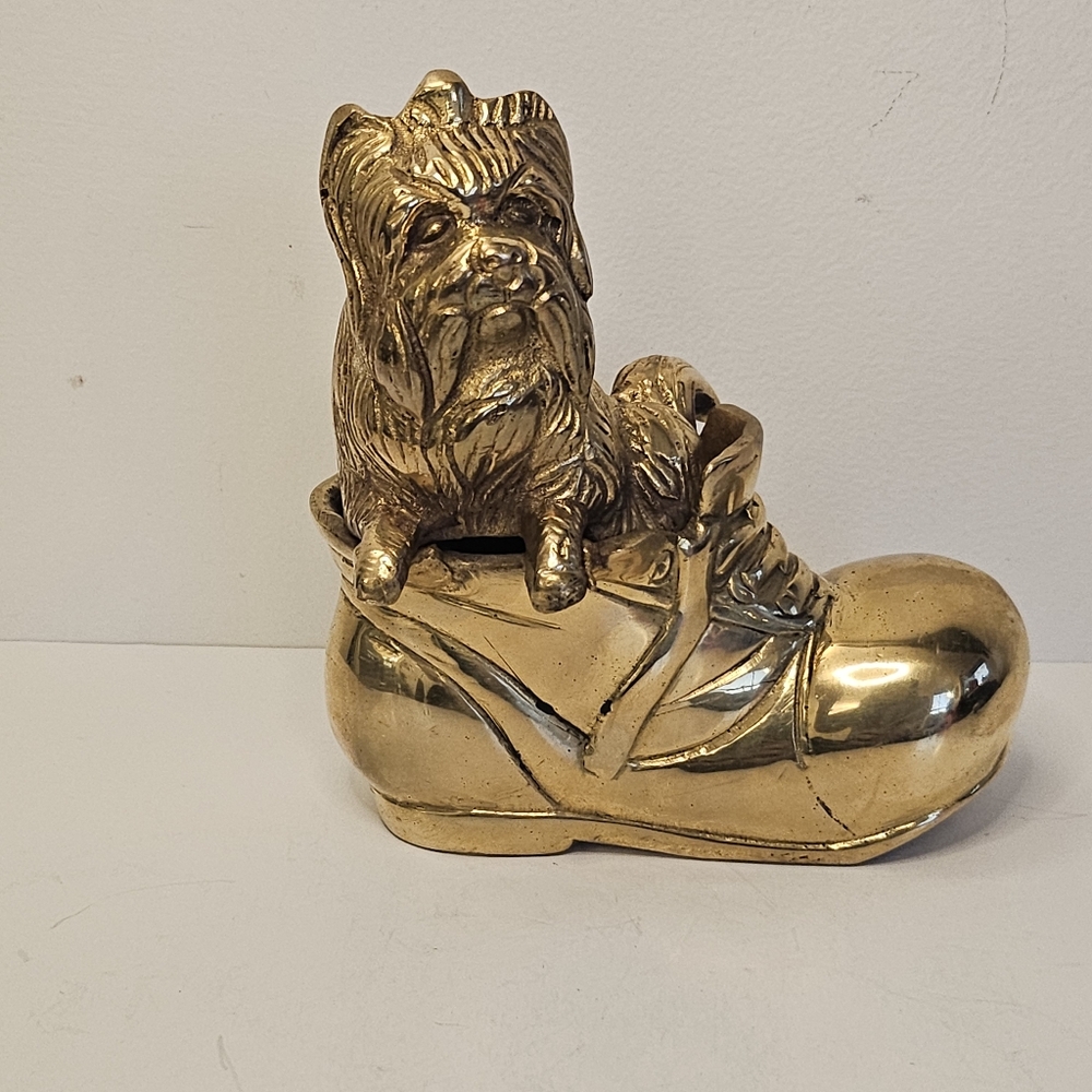 Yorkshire Terrier Dog in shoe / Boot Brass Figurine sitting puppy Vintage